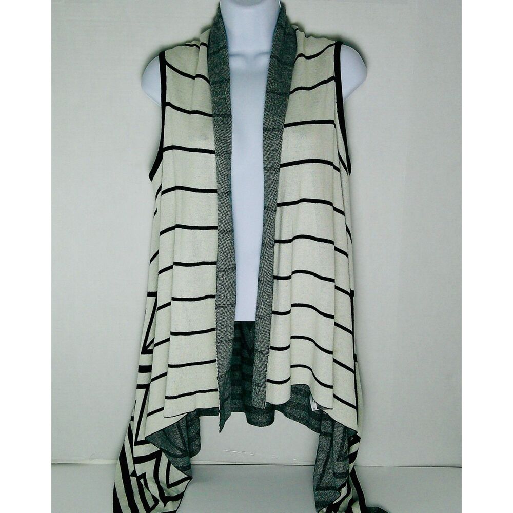 MERONA WHITE W/BLACK STRIPED PATTERN COTTON SLEEVELESS CARDIGAN. WOMEN'S SMALL